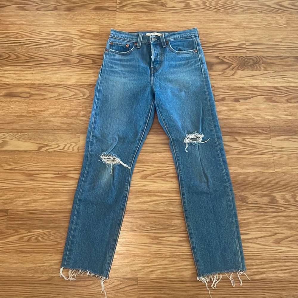 Button fly straight leg wedgie jeans
